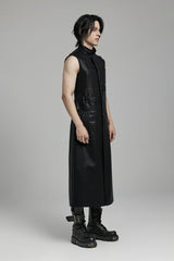Black Stand Collar Sleeveless Faux Leather Men's Punk Long Vest - Product - 3