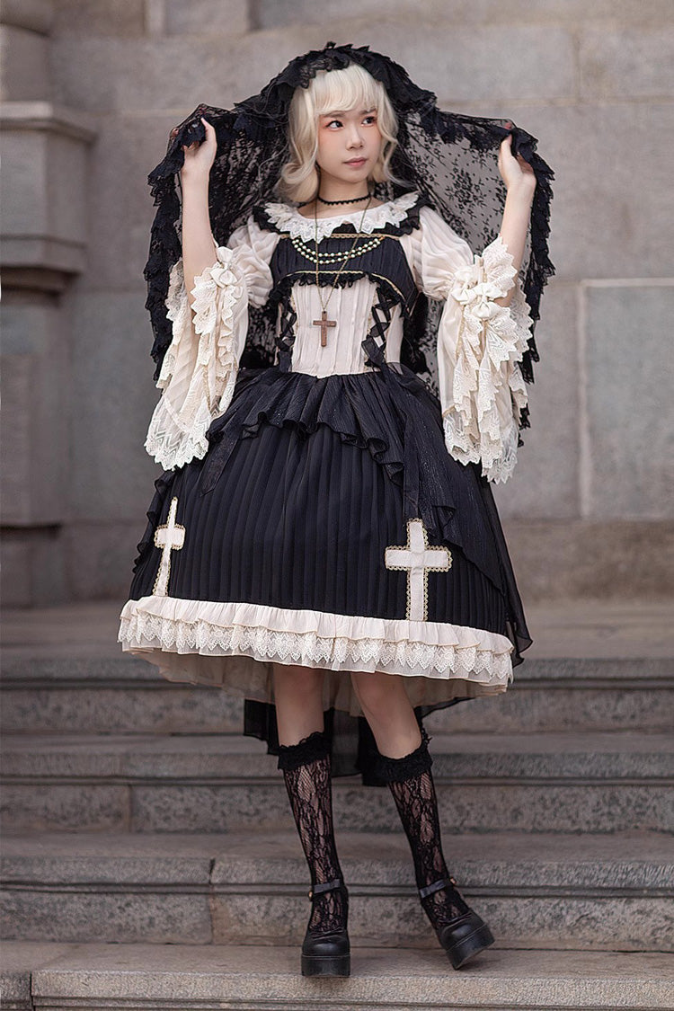 Black Eternal Life Song Print Cross Embroidery Sleeveless Ruffle Gothic Lolita Dress - Product - 2