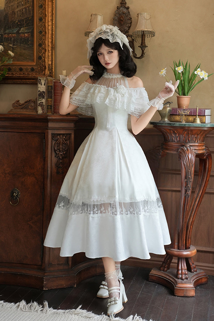 White [Flowers in the Mist] Off Shoulder Halterneck Print Ruffle Gothic Elegant Lolita Dress - White - 1