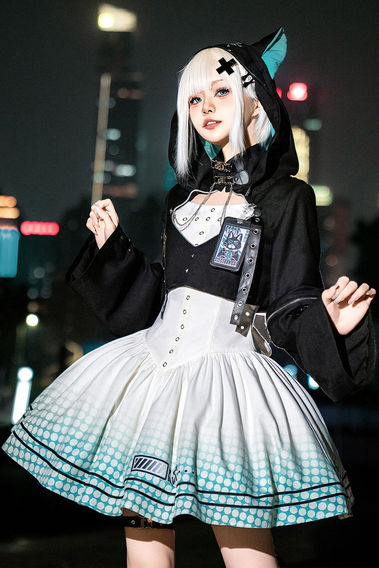 Black/White [Electronic Cat] Print Future Suit Gothic Cool Lolita Dress - Product - 12