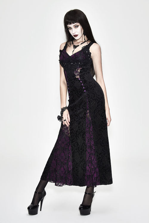 Gothic Nipped Waist Black With Purple Long Rose Lace Womens Dress - image 2