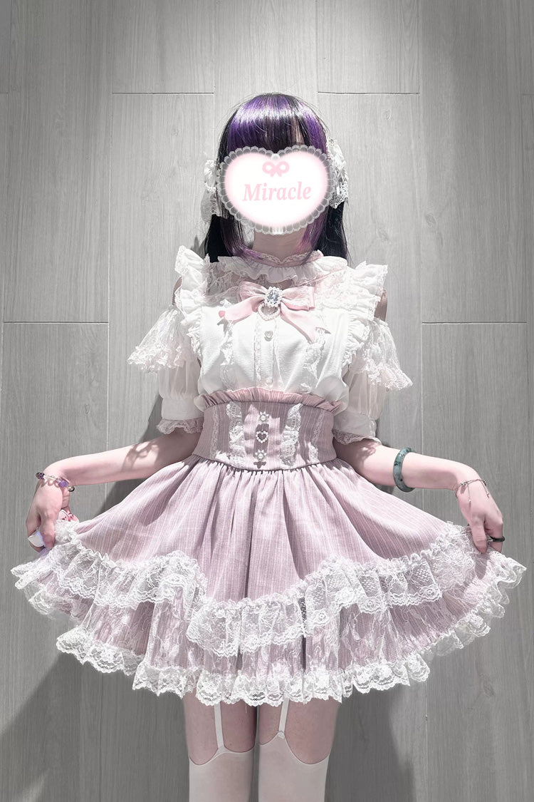 Jirai Kei Sweet Double-Layered Jacquard Ruffled Lace Japanese Skirt Set 2 Colors - Product - 5