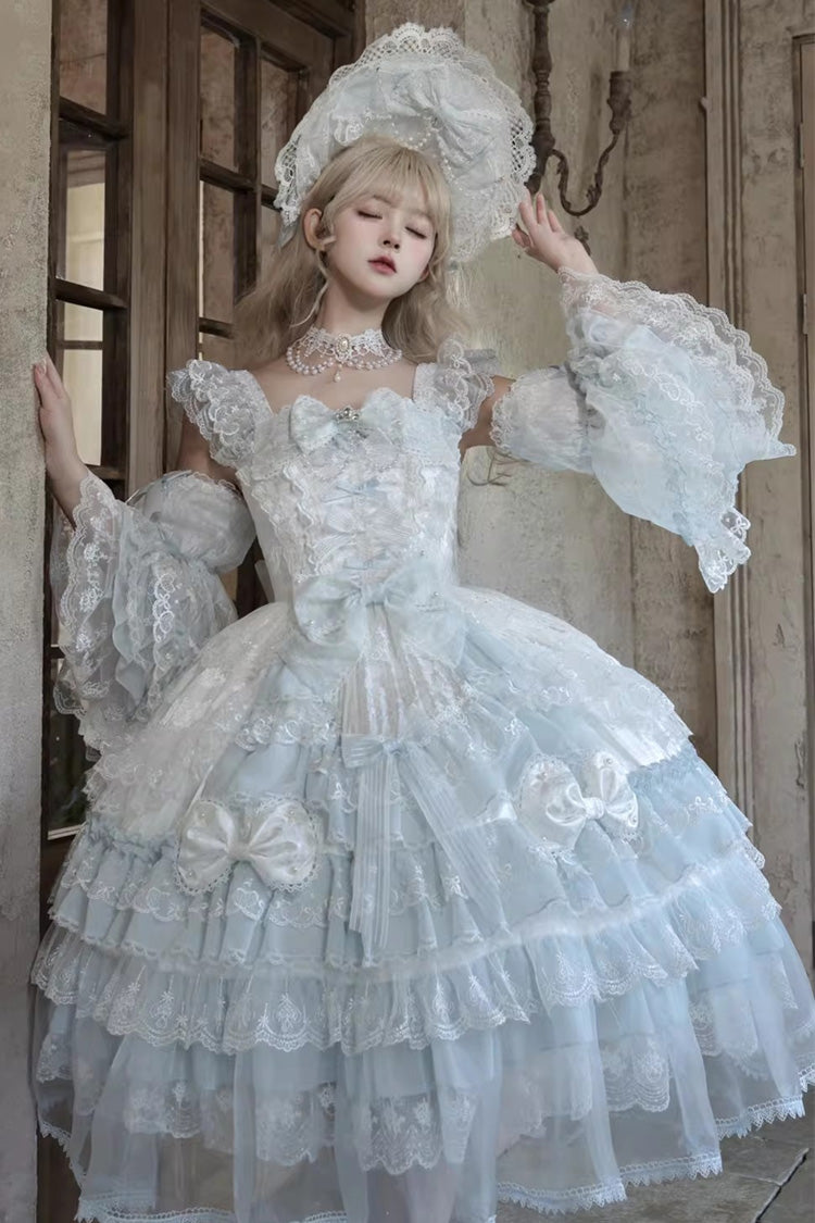 Blue [Prelude of Spring] Sleeveless Multi-Layered Ruffled Bow Lace Sweet Princess Lolita Jsk Dress - Product - 8