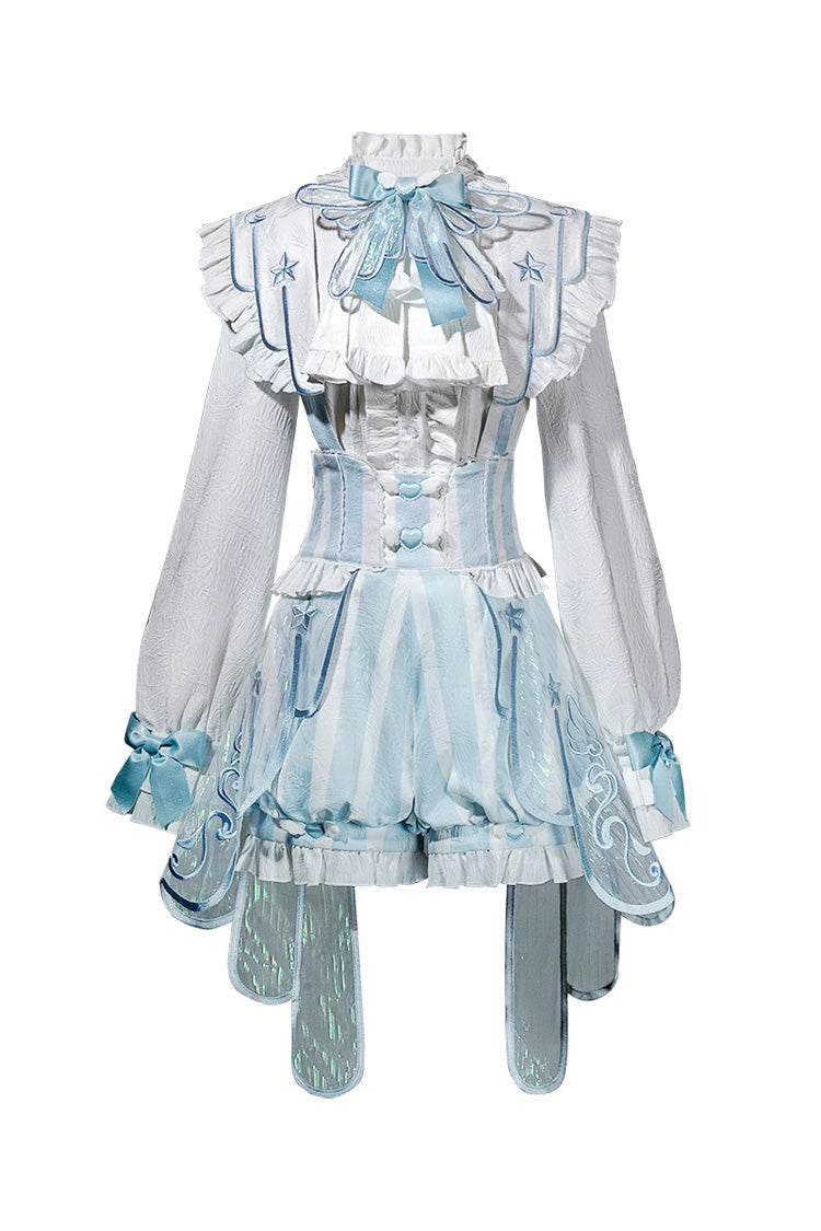 White/Blue [Angel’s Covenant] Stand Collar Long Sleeves Striped Printed Bow Gothic Ouji Lolita Suspender Shorts Set - Product - 3