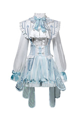 White/Blue [Angel’s Covenant] Stand Collar Long Sleeves Striped Printed Bow Gothic Ouji Lolita Suspender Shorts Set - Product - 3