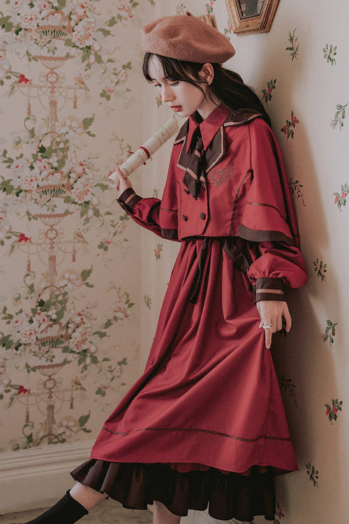 Vintage College Style Lapel Collar Long Sleeves Double Paneled Hem Sweet Lolita Dress - Product - 5