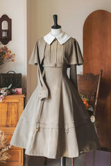 Khaki [Forest Antique Trunk] Lapel Collar Long Sleeves Classic Vintage Elegant Lolita Dress - Khaki - 1