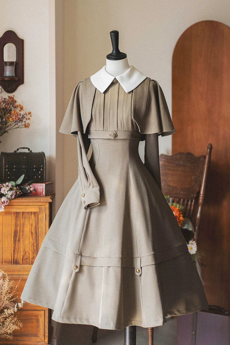 Khaki [Forest Antique Trunk] Lapel Collar Long Sleeves Classic Vintage Elegant Lolita Dress - Khaki - 1