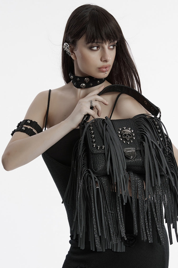 Black Studded Tassels Rivet Straps Faux Leather Women's Gothic Bag - Product - 3
