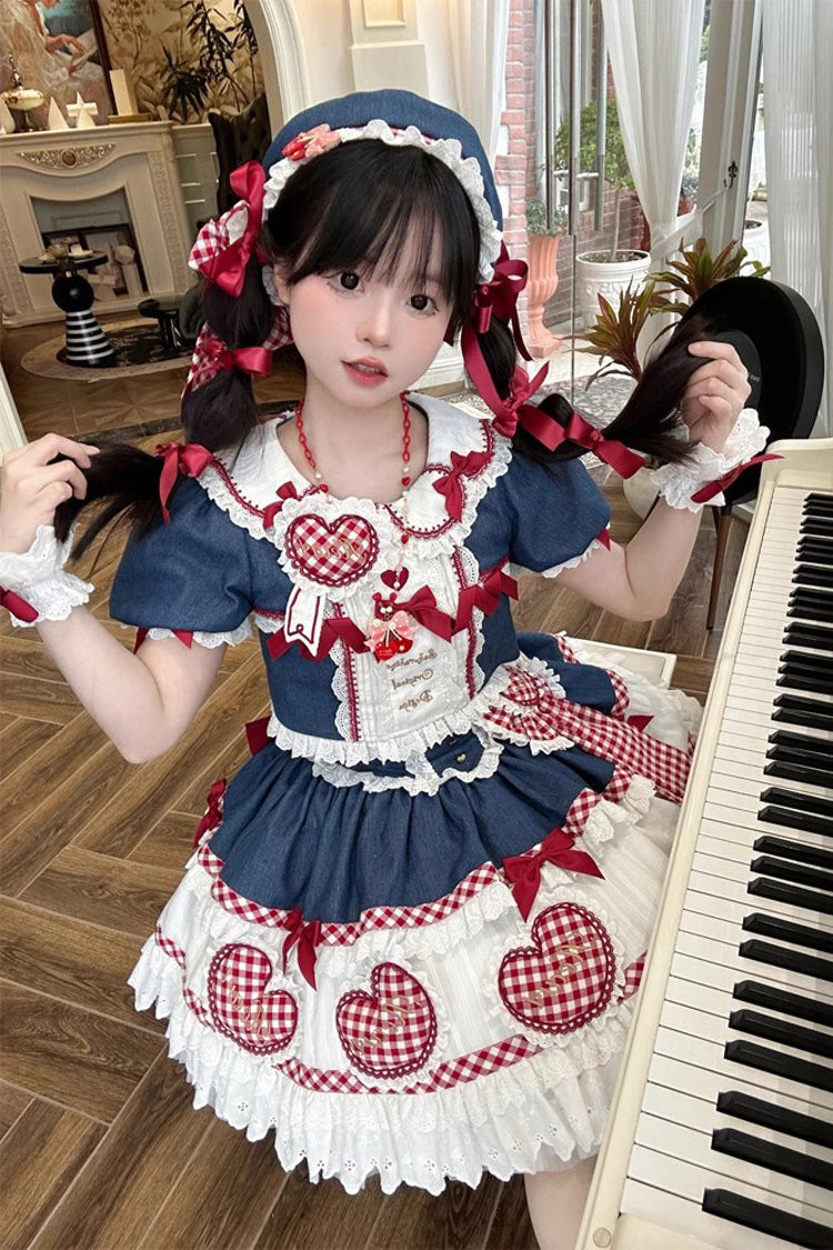 White/Blue/Red [Peach Heart Lilith] Ruffle Bowknot Lace Lace-Up Sweet Lolita Skirt Set - Product - 4