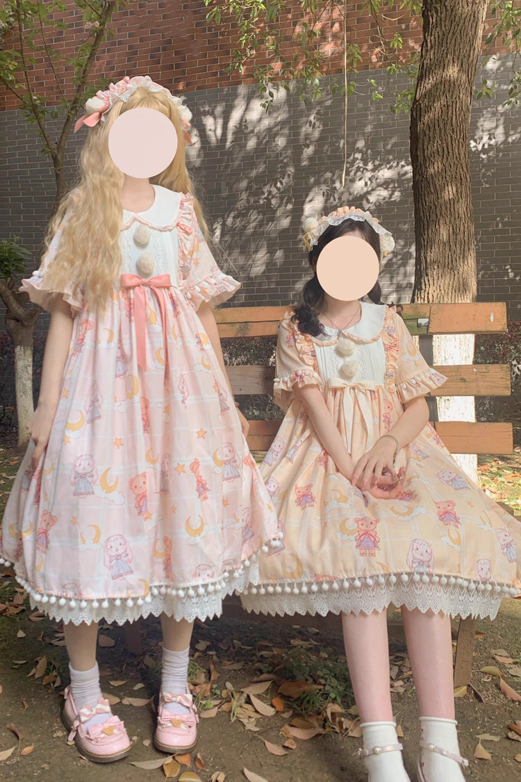 Yellow Doll Collar Short Sleeves Bunny Bear Moon Print Bowknot Stitching Sweet Lolita Dress - Product - 2