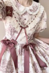 Smoky Purple [Grape Moon Almanac] Short Sleeves Multi-Layered Printed Ruffled Bow Sweet Lolita Dress - Product - 4