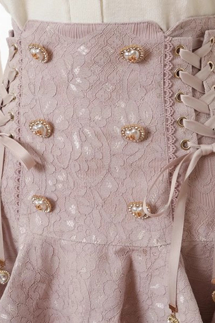 Pink Japanese Bowknot Double Breasted  Lace-Up Sweet Jirai Kei Skirt - Product - 4