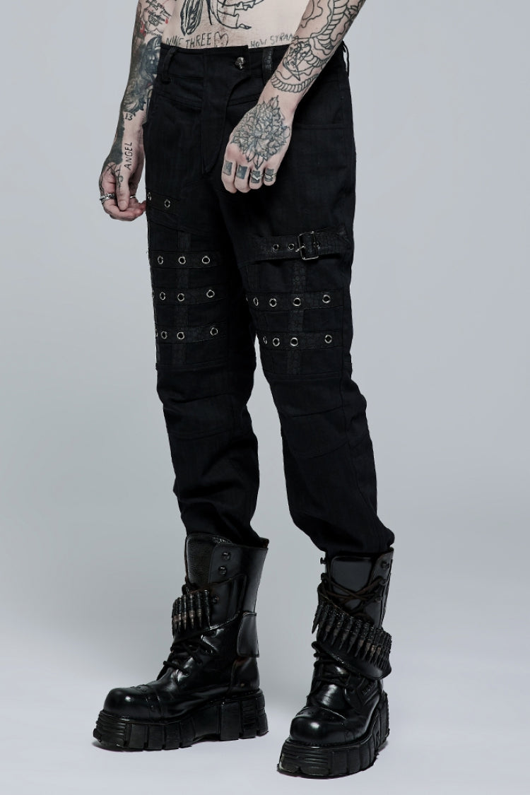 Black Faux Leather Stitching Metal Buttonhole Men's Steampunk Pants - Product - 2