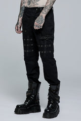 Black Faux Leather Stitching Metal Buttonhole Men's Steampunk Pants - Product - 2