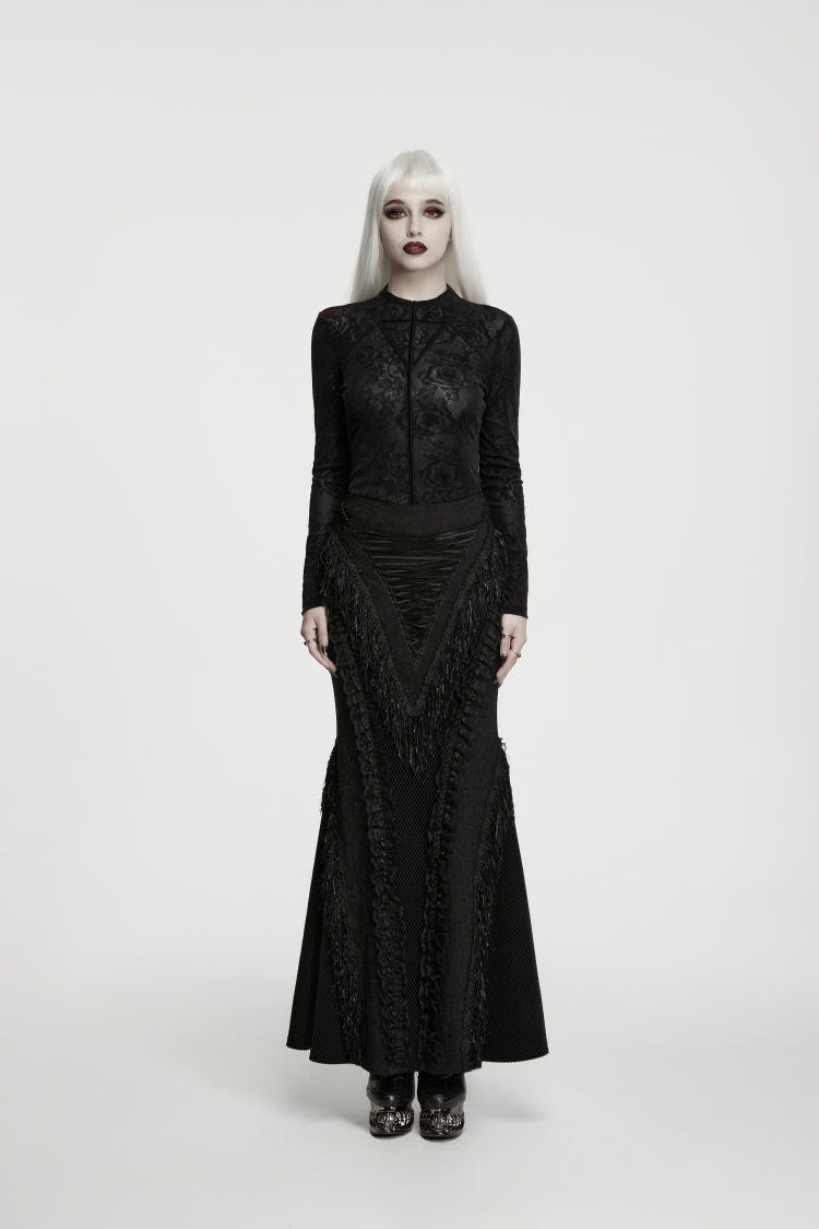 Black  High Collar Long Sleeves Rose Jacquard Lace Slim Fit Women's Gothic Luxurious Top - Product - 5