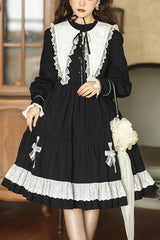 Dark Black Temple Of The Cross Doll Collar High Waisted Long Sleeves Multi-Layer Ruffled Gothic Lolita OP Dress - Black - 1