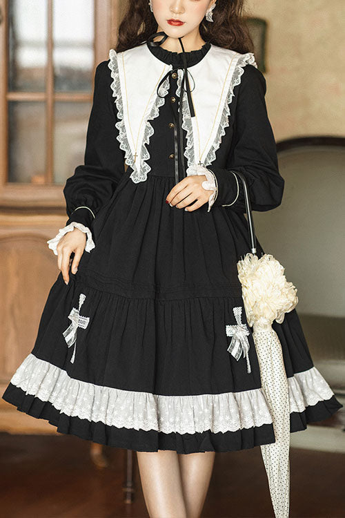 Dark Black Temple Of The Cross Doll Collar High Waisted Long Sleeves Multi-Layer Ruffled Gothic Lolita OP Dress - Black - 1