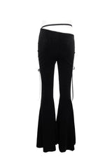 Black Velvet-Paneled Mesh Side-Adjustable Asymmetrical Women's Gothic Leggings - Product - 12