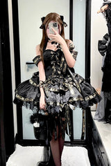 Black [Young Lady] Halterneck Sleeveless Multi-Layered Ruffle Bowknot Elegant Princess Gothic Lolita Dress - Product - 9