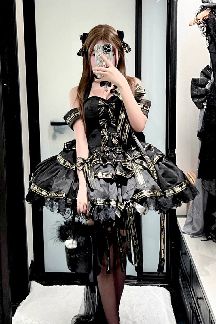 Black [Young Lady] Halterneck Sleeveless Multi-Layered Ruffle Bowknot Elegant Princess Gothic Lolita Dress - Product - 9