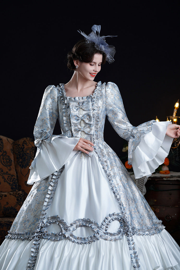 Blue Square Collar Long Trumpet Sleeves Double-Layered Ruffled Embroidered Open-Front Bow Classic Vintage Palace Lolita Victorian Dress - Product - 4