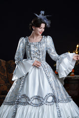 Blue Square Collar Long Trumpet Sleeves Double-Layered Ruffled Embroidered Open-Front Bow Classic Vintage Palace Lolita Victorian Dress - Product - 4