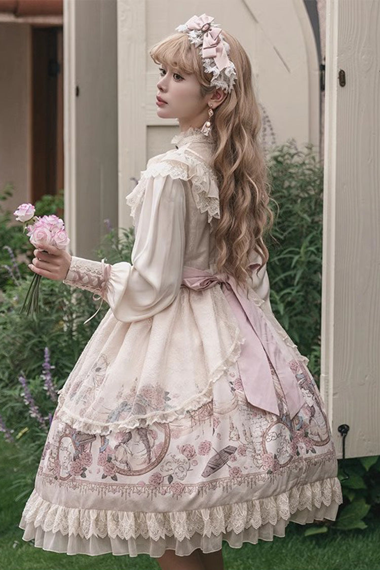 Apricot Rose Prologue Print Long Sleeves Ruffle Sweet Elegant Lolita Dress - Product - 7