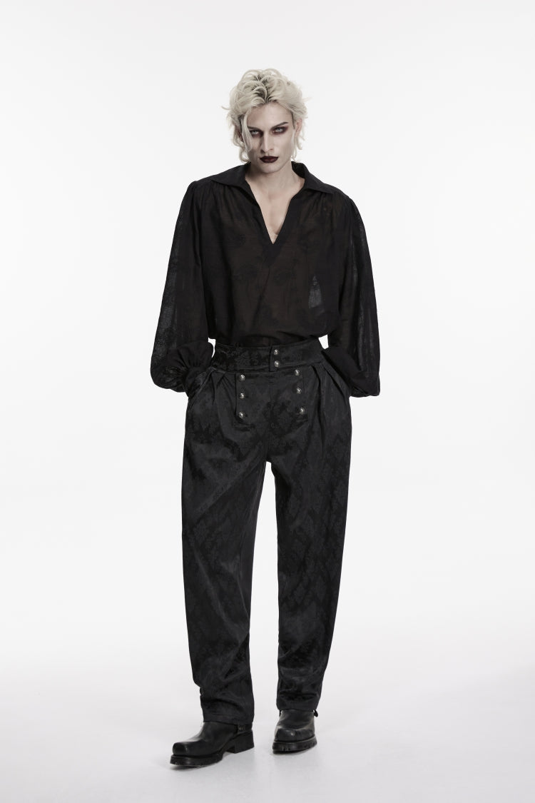 Black Lapel Collar Long Lantern Sleeves Printed Embroidered Men's Gothic Shirt - Product - 5