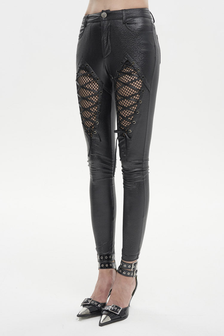 Black Stretch Diamond Wavy String Adjustable Slim Fit Women's Punk Trousers - Product - 3