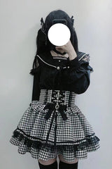 Black/White Houndstooth Print Ruffle Bowknot Lace Lace-Up Jirai Kei Japanese Skirt - Black/White - 1