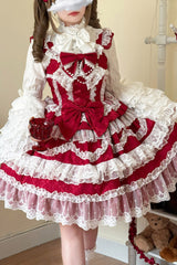 Wine Red [Love and Heart Flutter] Sleeveless Multi-Layered Ruffle Bowknot Lace Pearl Sweet Lolita Jsk Dress - Product - 4