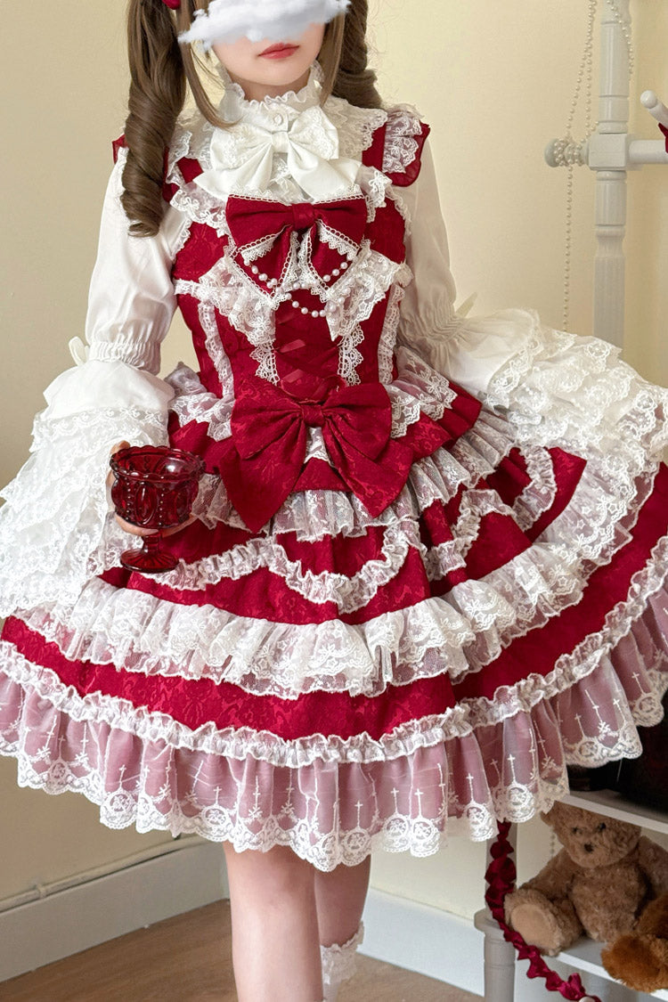 Wine Red [Love and Heart Flutter] Sleeveless Multi-Layered Ruffle Bowknot Lace Pearl Sweet Lolita Jsk Dress - Product - 4