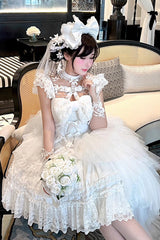 White [Jewelry Love Story] Halterneck Ruffle Hanayome Bowknot Lace Gothic Lolita Dress - Product - 9
