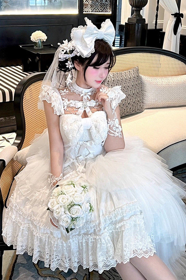 White [Jewelry Love Story] Halterneck Ruffle Hanayome Bowknot Lace Gothic Lolita Dress - Product - 9