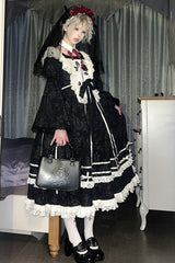 Black [Rose Choir] Double-Layered Ruffle Embroidery Bowknot Lace Gothic Elegant Nun Lolita Dress - Product - 8