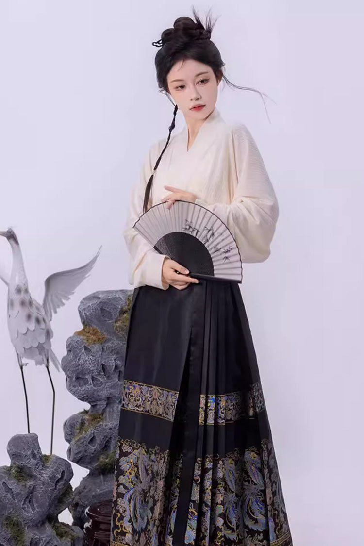 Black Chinese Style Print High Waisted Womens Hanfu Skirt - Product - 3