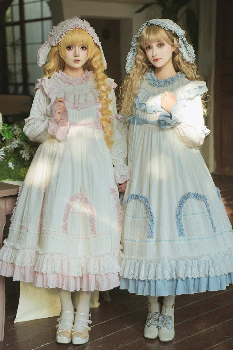 Pink [Twin Lilian] Round Collar Long Sleeves Double-Layered Ruffled Bow Lace-Up Sweet Lolita Dress - Product - 2