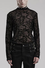 Black Long Sleeves Print Sheer Mesh Mens Gothic T-Shirt - Black - 1
