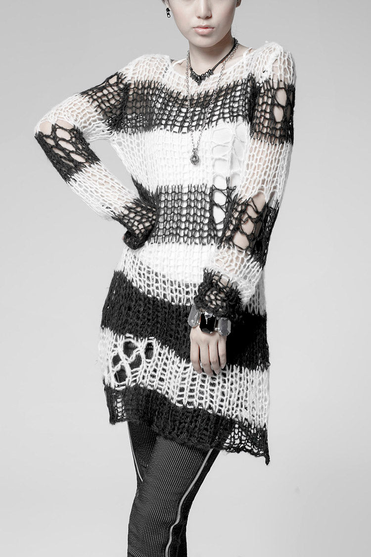 Round Collar Long Sleeves Print Ripped Women's Steampunk Sweater 3 Colors - Black/White - 1