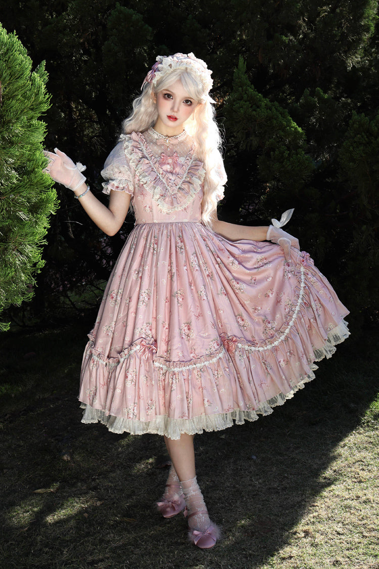 [Daydream Rose] Short Sleeves Floral Jacquard Print Ruffle Embroidery Bowknot Sweet Lolita Dress 3 Colors - Product - 2