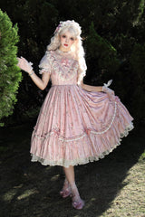 [Daydream Rose] Short Sleeves Floral Jacquard Print Ruffle Embroidery Bowknot Sweet Lolita Dress 3 Colors - Product - 2