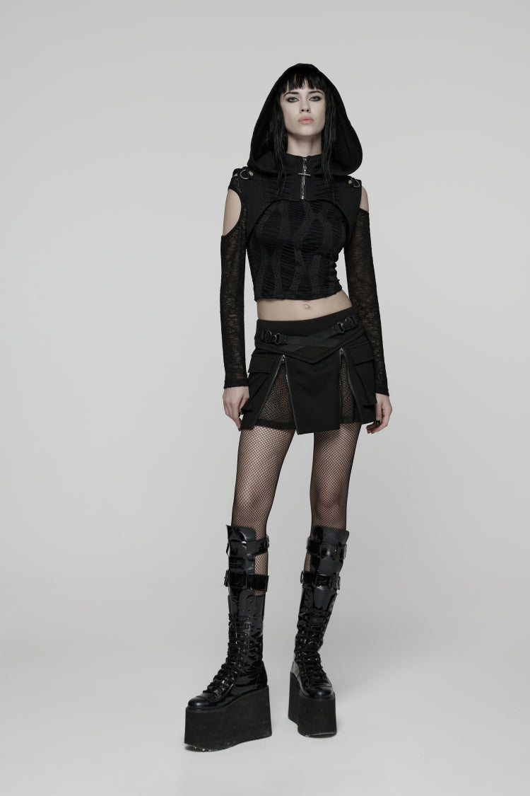 Black Lace-Up Zippered Women's Punk Cool  Big Pockets Techwear Skirt - Product - 4