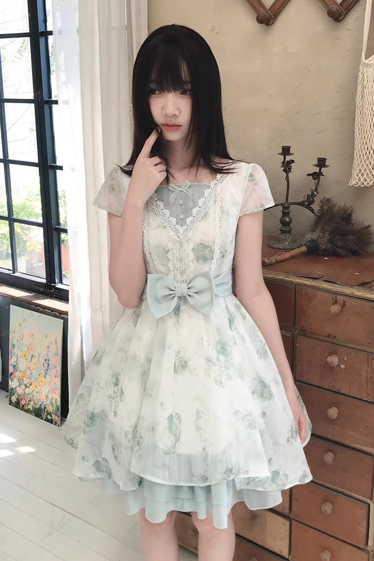 Green Short Sleeves Floral Printed Bow Lace Sweet Princess Lolita Dress - Product - 5
