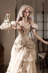 Light Brown [Cupid’s Poetry Box] Boat Neck Short Puff Sleeves Ruffled Cut-Out Embroidered Bow Lace Gothic Elegant Lolita Skirt Dress and Top Set - Product - 6