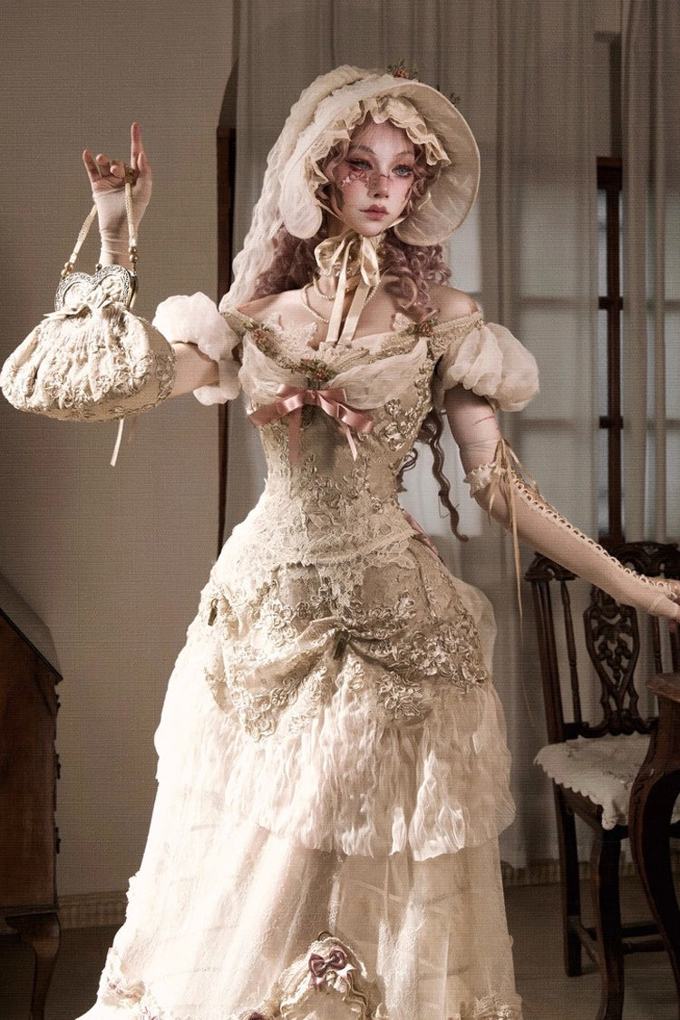 Light Brown [Cupid’s Poetry Box] Boat Neck Short Puff Sleeves Ruffled Cut-Out Embroidered Bow Lace Gothic Elegant Lolita Skirt Dress and Top Set - Product - 6