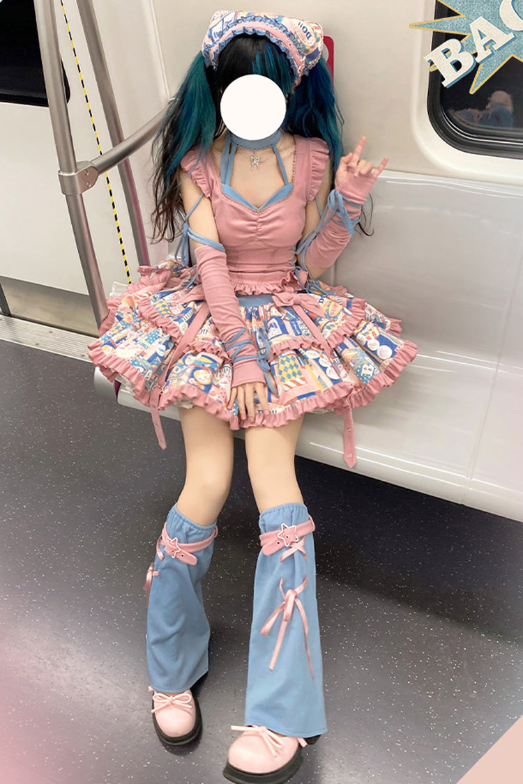 Pink Double-Layered Pop Advertising Paper Print Ruffle Bowknot Sweet Lolita Skirt Set - Product - 4