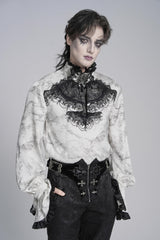 White Stand Collar Long Trumpet Marble Printed Sleeves Embroidered Spliced Men's Gothic Palace Shirt - Product - 12