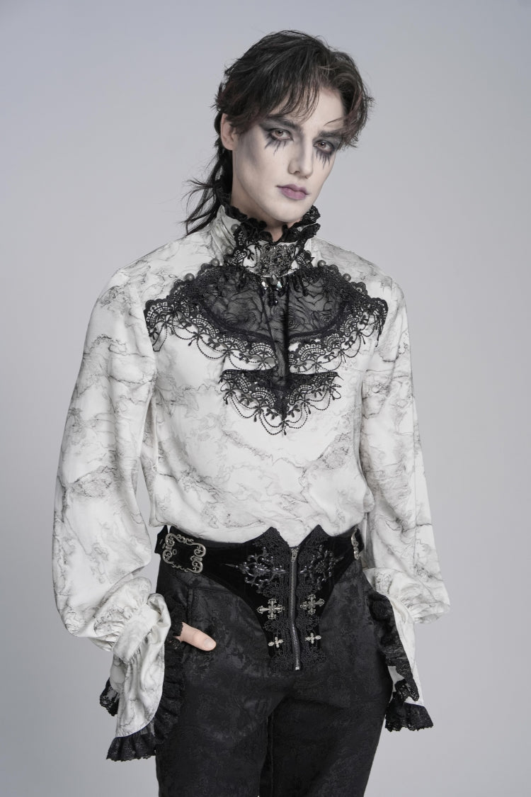 White Stand Collar Long Trumpet Marble Printed Sleeves Embroidered Spliced Men's Gothic Palace Shirt - Product - 12
