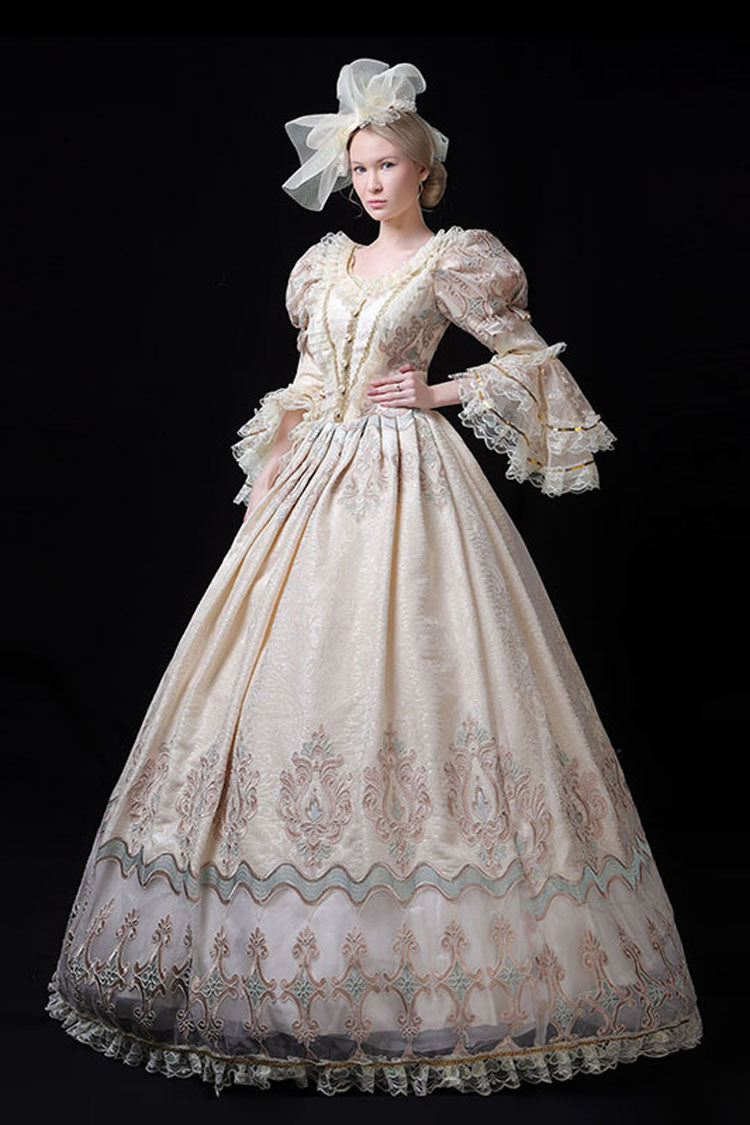 Champagne Trumpet Sleeves Lace Stitching High Waisted Hollow Embroidery Print Victorian Lolita Prom Dress - Product - 2